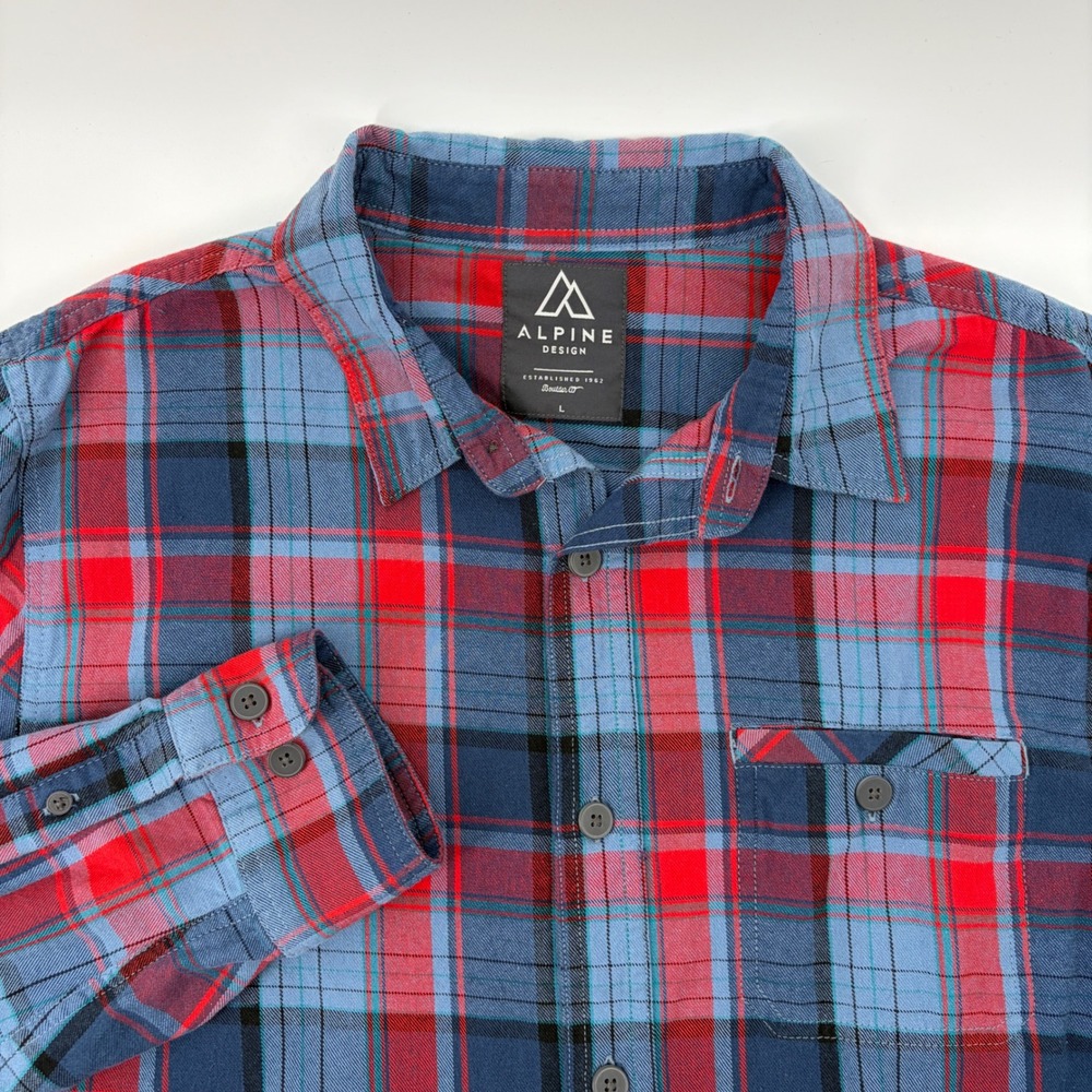 Alpine Design Mens Large Long Sleeve Plaid Flannel Button Down Shirt Blue Red